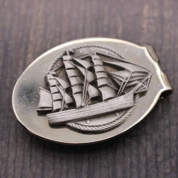 Sailing Ship Money Clip Pocket Metal Nautical Design Silver Tone Unique Vintage - Picture 1 of 11